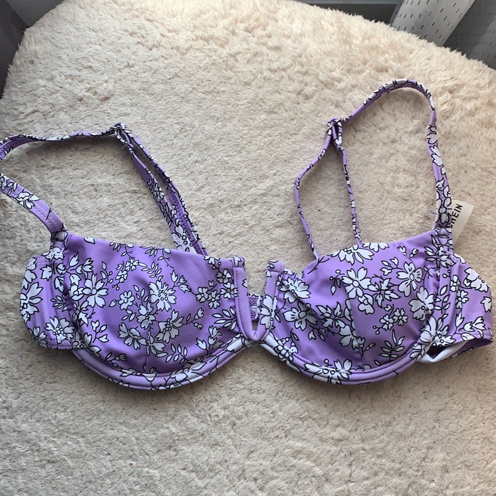 Purple flowered swim top.